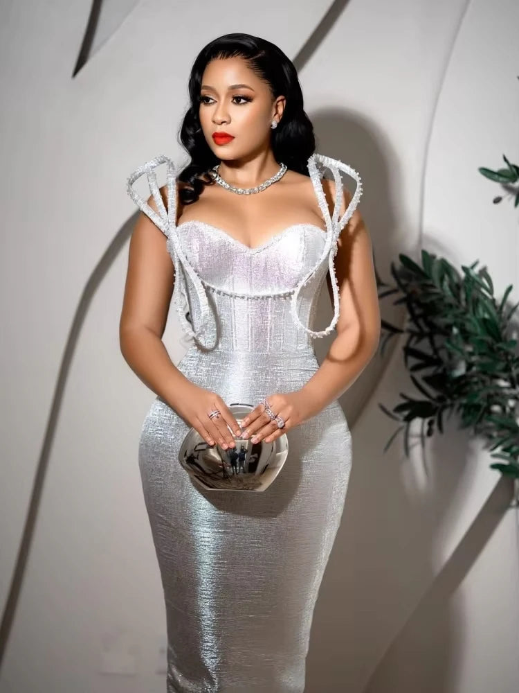 Silver metallic sheath dress with intricate straps