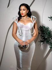 Silver metallic sheath dress with intricate straps