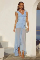 Sheer mesh ruffle v-neck maxi dress in blue