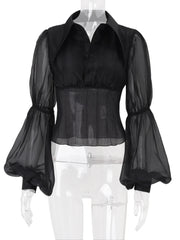 Black Turn Down Collar Sheer Lantern Sleeve Fitted Shirt