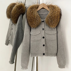 Fur Trimmed Ribbed Knit Jacket