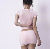 Pink Lace Trim Bow Low Rise Mini Skirt & Crop Top Set