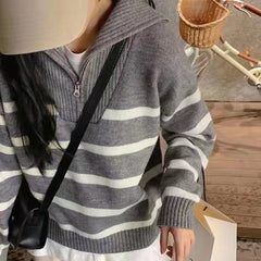 Zipper Knitted Long Sleeve Stripe Women's Turtleneck Sweater - Golden Atelier