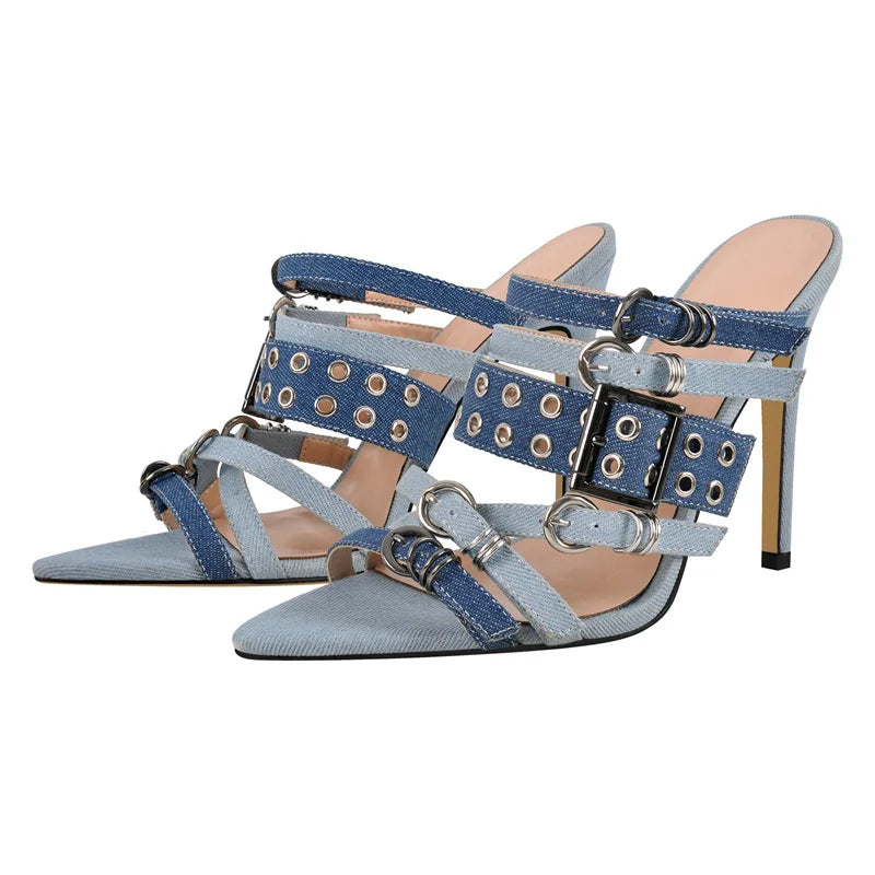 Denim buckle stiletto sandals, pointed toe, multi-strap design