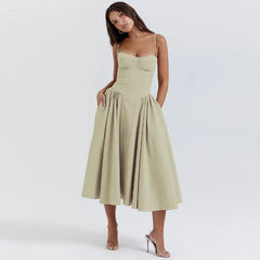 Women Solid Pleated Sleeveless Open Back Midi Dress