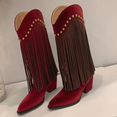 Metal Rivet Tassel Knee High Boots