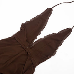 Brown Deep Neck High Split Maxi Dress