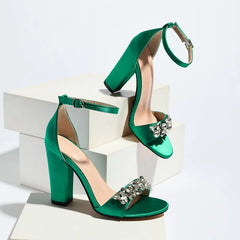 Crystal Embellished Square Heel Ankle Strap Sandals