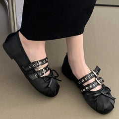 Silk Ballet Flats with Butterfly-Knot and Buckle Straps