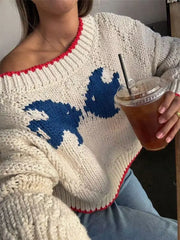 Cream contrast jacquard loose fit sweater