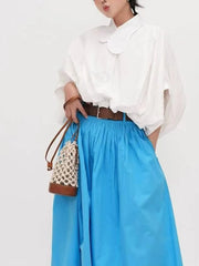 Lapel collar lantern sleeve blouse in white, detail