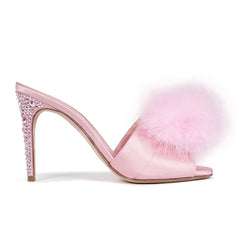 Baby Pink Satin Fur Mules Rhinestones Stiletto Slip On Sandals 