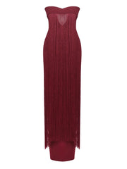 Burgundy Strapless Fringed Maxi Dress