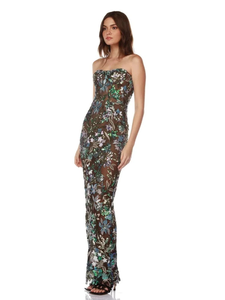Strapless floral sequin mesh column gown front view detail