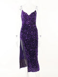 Women V-neck Sequin Purple Evening Midi Dress