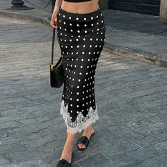 Floral Polka Dot Lace Trim Maxi Skirt