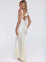 Satin Backless Asymmetrical Hem Maxi Dress
