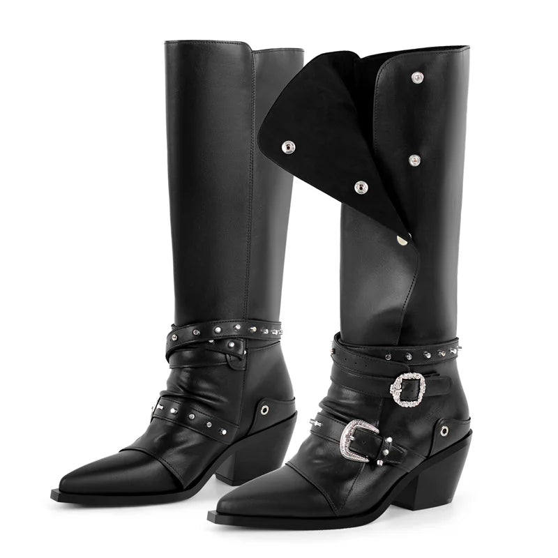 Pointed toe black knee high boots with wrap around straps and metal buckles.