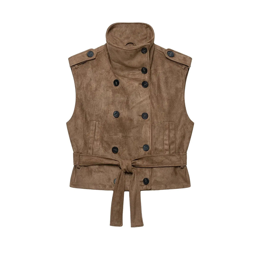 Faux suede double-breasted vest with belted waist