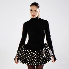 Turtleneck Patchwork Print Polka Dot Mini Dress