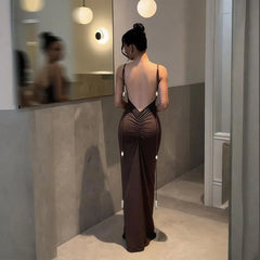 Ruched Backless Beaded Strap Maxi Dress