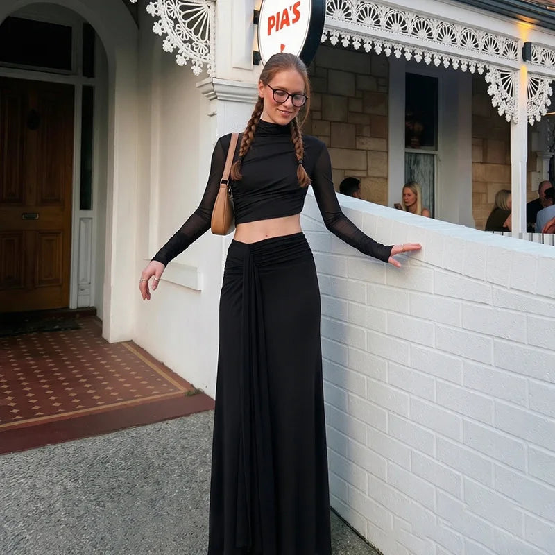 Mock neck draped gown with mesh sleeves