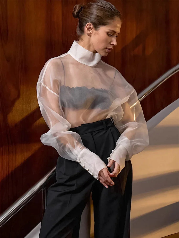 Mesh see-through patchwork Y2K long sleeve top for women