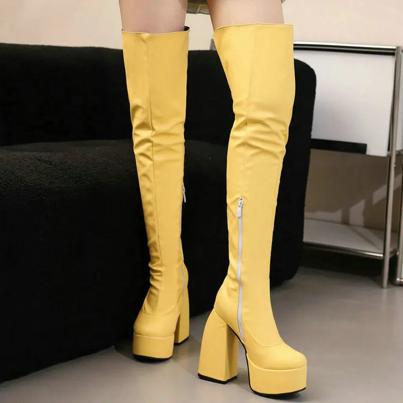 Yellow Square High Heeled Over the Knee Boots