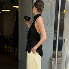 High Neck Lace Up Waist Sleeveless Top