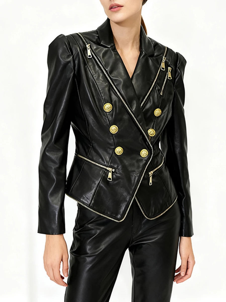 Faux Leather Double Breasted Blazer