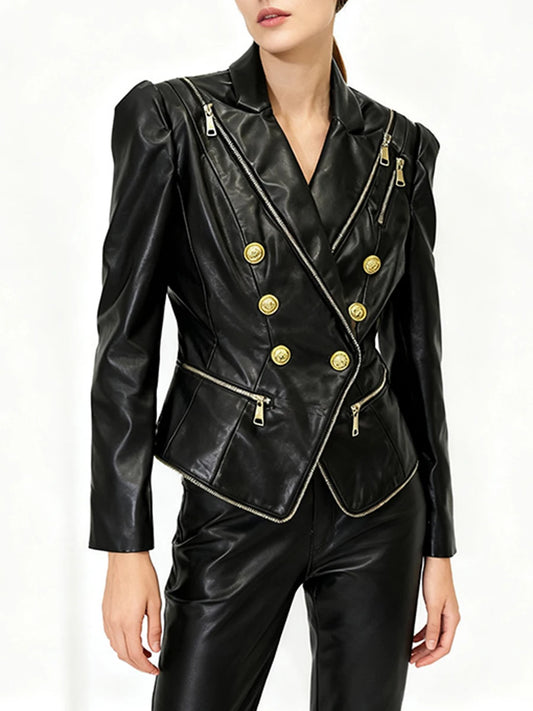 Faux Leather Double Breasted Blazer