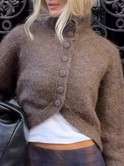 Turtleneck button knit cardigan in brown