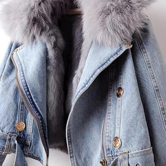 Close-up of the thick, plush fur collar on a denim jacket, highlighting the luxurious texture and warmth. Close Up 4