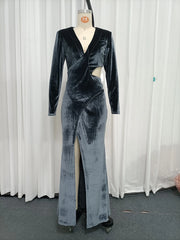 Velvet V-Neck Side Cutout Long Sleeve High Slit Maxi Dress
