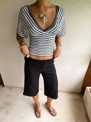 V-Neck Striped Knit Cropped Top with Dolman Sleeves