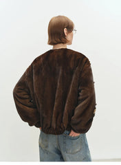 Beaded Brown Faux Fur Bomber Jacket