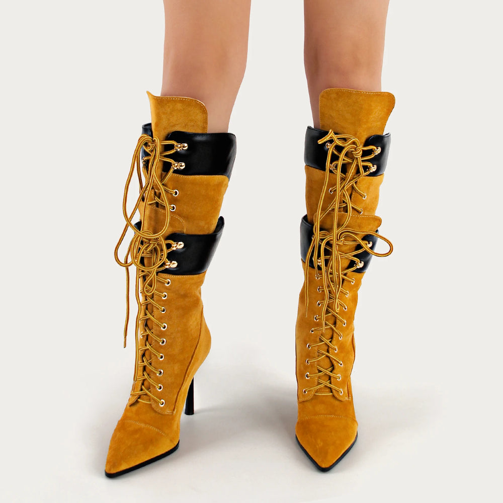 Pointed toe lace-up mid-calf boots with stiletto heel