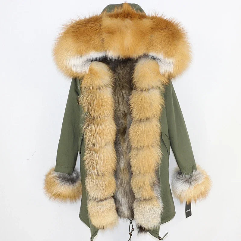 Green parka with a large fur hood on a white background