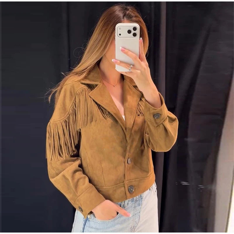 Faux suede fringe crop Jacket styled with jeans