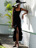 Black Ruffled Trim Slit Midi Sleeveless Dress