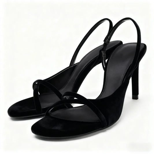Black velvet cross strap stiletto heel