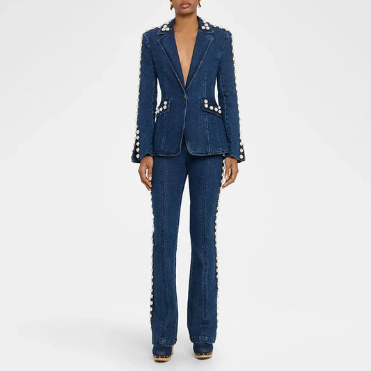 Beaded denim blazer and wide leg jeans suit front view.