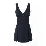 Lace Bow V collar Back Zipper Folds Hem A-line Mini Dress