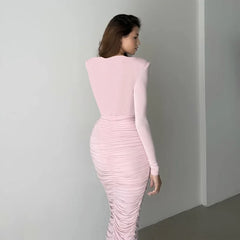 Long Sleeve Deep Neck Top and Ruched Pencil Skirt Set