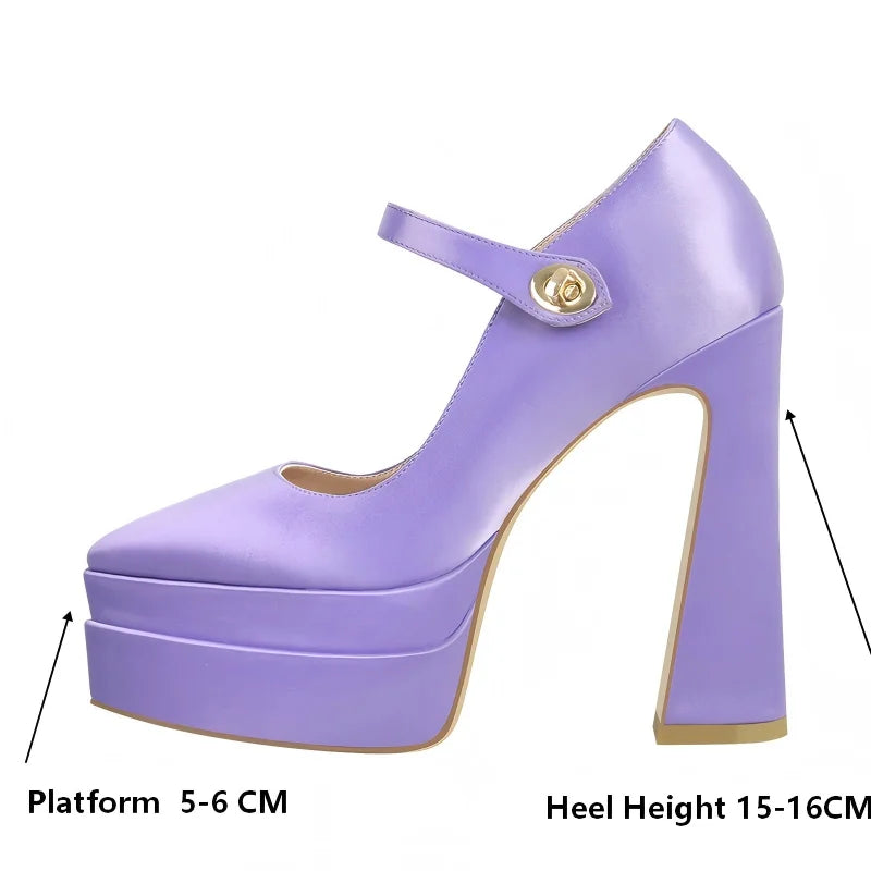 Close-up of purple satin pointed toe Mary Jane heels showing platform and heel height