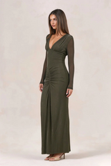 Sequin V-neck Ruched Detail Long Sleeve Maxi Dress