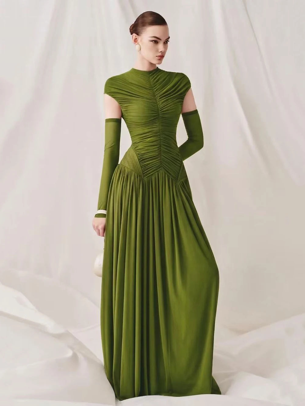 Green ruched mock neck maxi dress with long sleeves