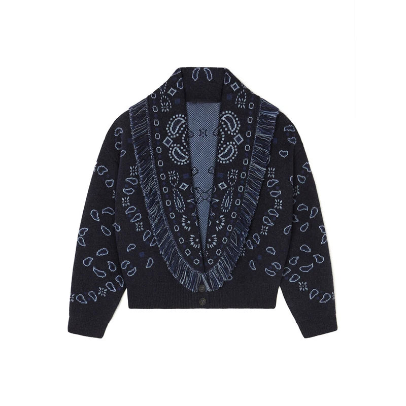 Black cardigan with bandana pattern on a white background