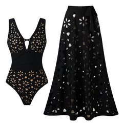 V-Neck Plunge Eyelet One-Piece Swimsuit with Matching Maxi Skirt Set