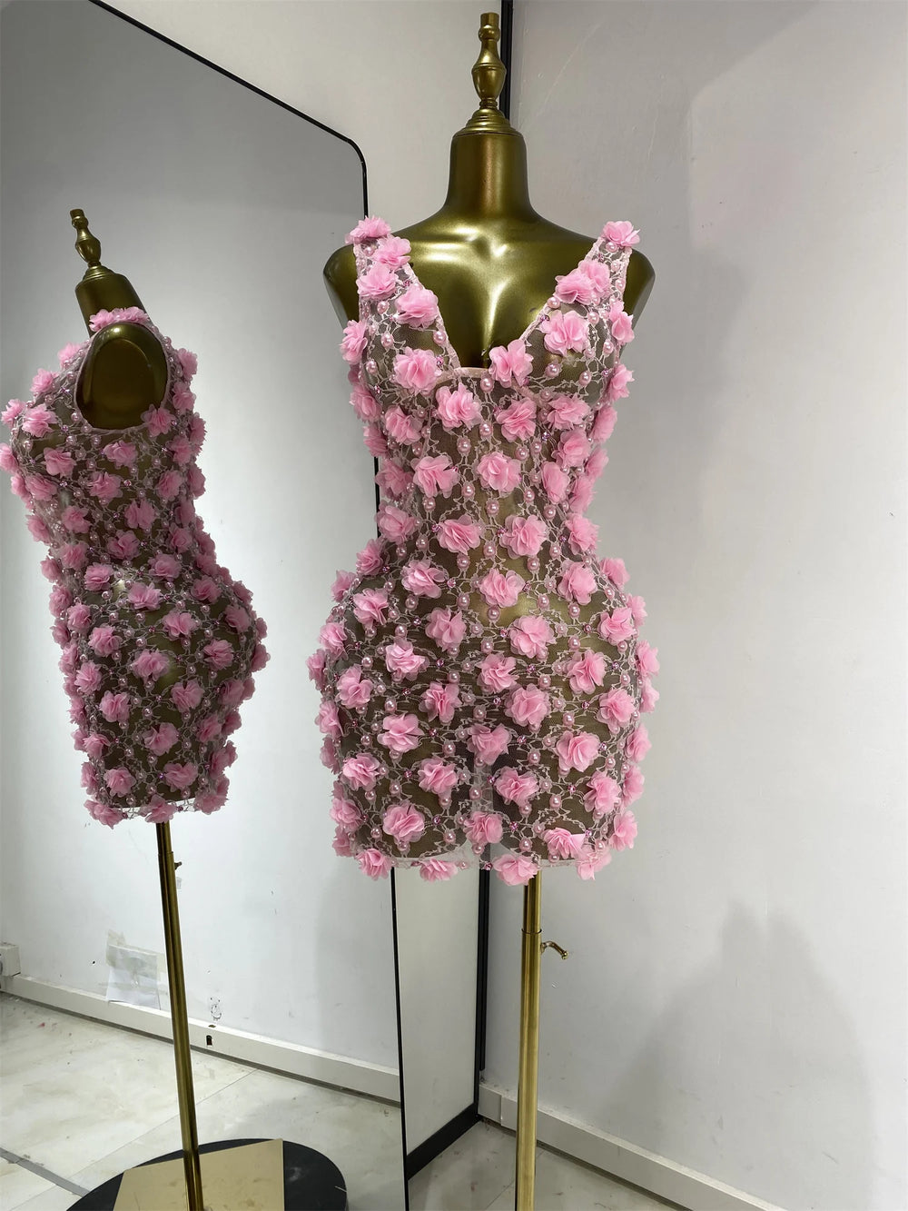 Pink floral appliqué V-neck mini dress